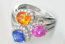 18k white gold ring with Blue / Pink / Yellow Sapphires & Diamonds